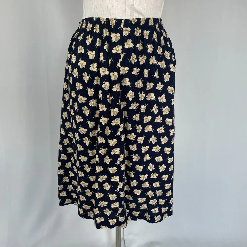 Vtg 90s Midi Skirt Size 12 Navy Blue Ditsy Floral A Line Cottage Boho Casual